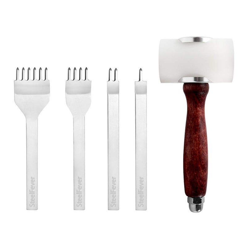 SteelFever Leather Craft Tool Hole Punches 1+2+4+6 Prong Lacing Stitching Punch, Craft Kits (4mm (with T Hammer)) - Image 1